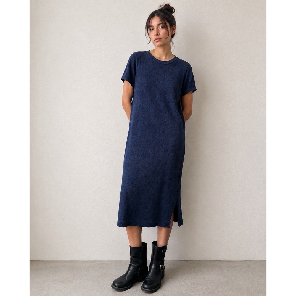 Jenni Kayne Linen Knit Sweater Dress Medium Navy Blue Midi Quiet Luxury Coastal